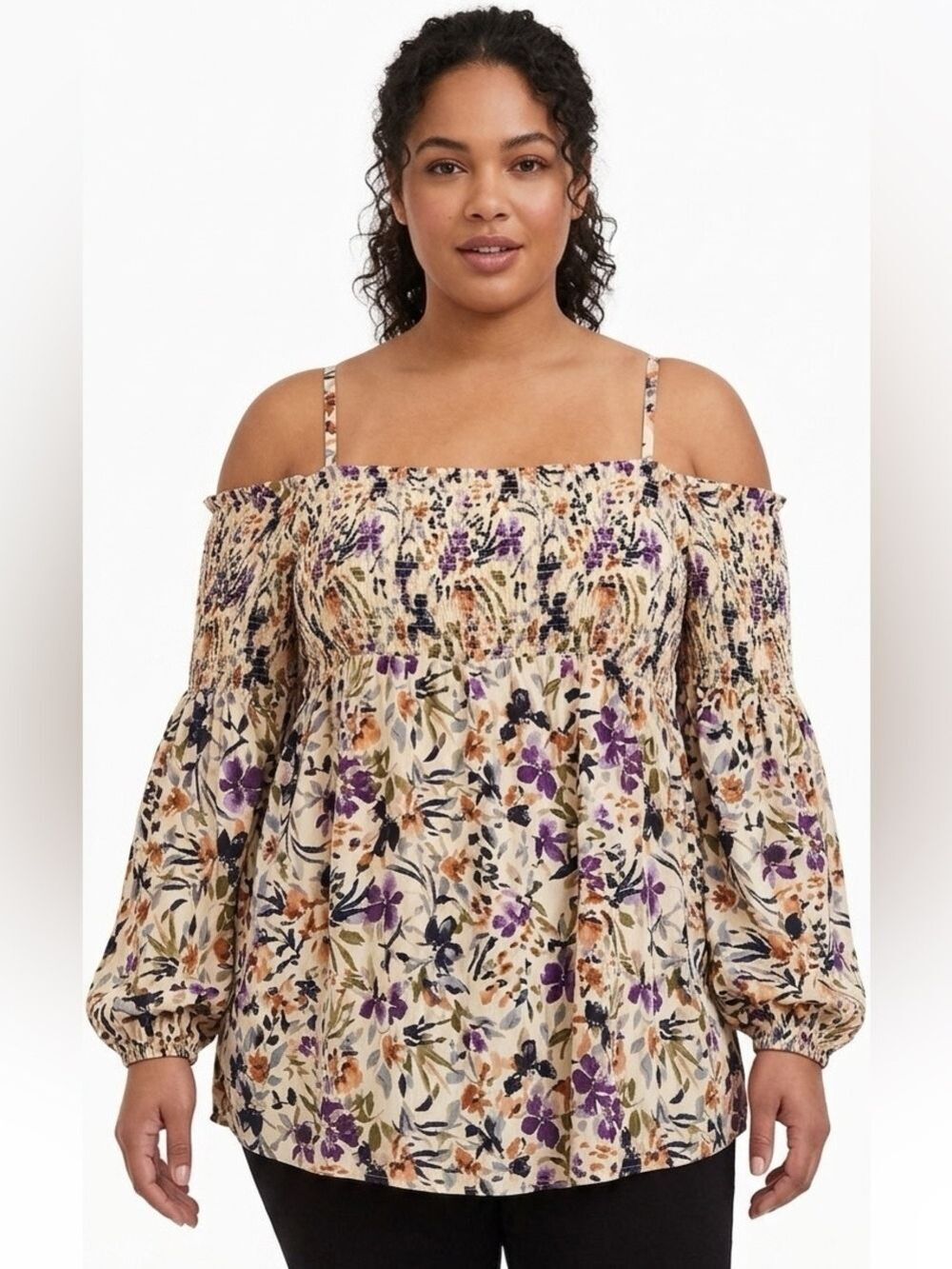 torrid Cream Floral Smocked blouse cold shoulder Flowers 4X NWT